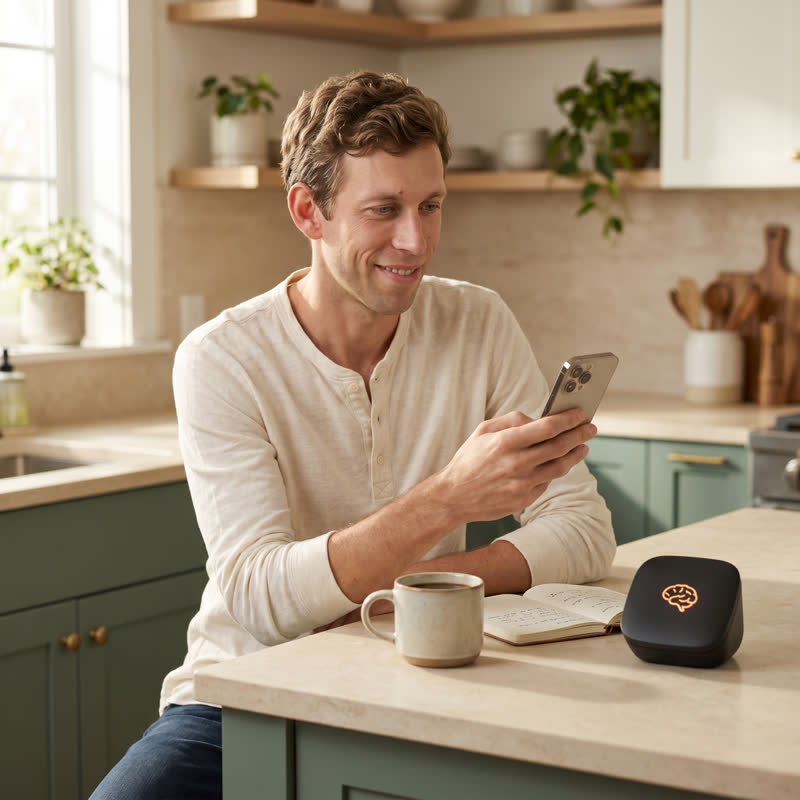 Alex, founder of Braintech, at his kitchen counter texting a rule into the device.