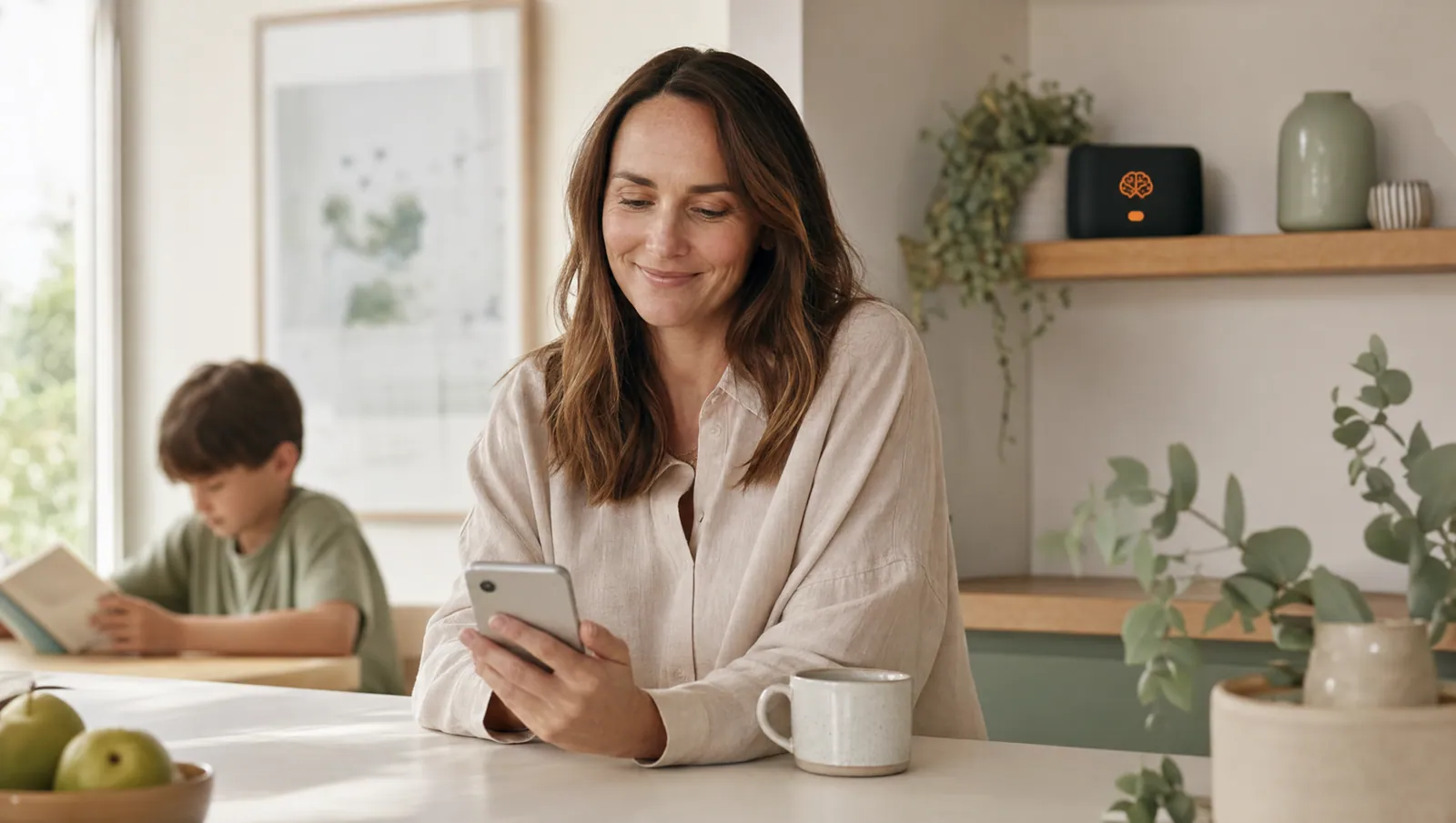 A parent in a warm sunlit kitchen smiling as she reads her phone; her child reads a book in the soft-focus background; the Braintech device sits on a shelf behind her with a small glowing orange brain icon.